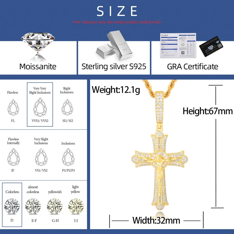 Moissanite Cross Pendant – D VVS Jesus Crucifix | 18K Gold Plated 925 Silver Religious Jewelry for Men & Women