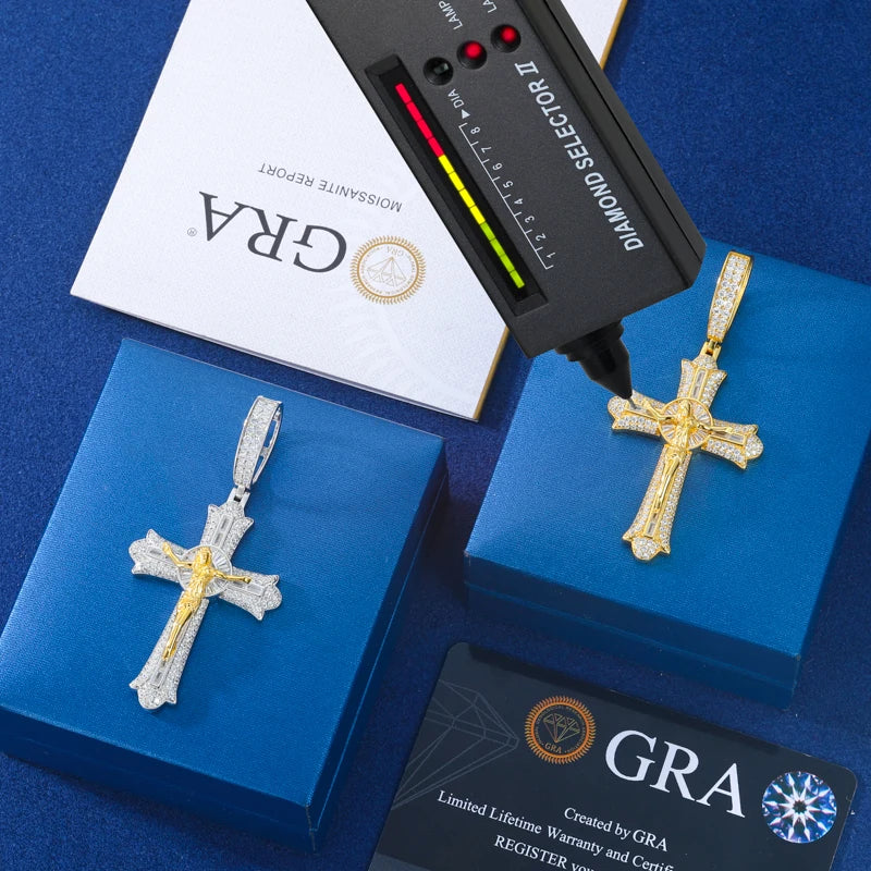 Moissanite Cross Pendant – D VVS Jesus Crucifix | 18K Gold Plated 925 Silver Religious Jewelry for Men & Women