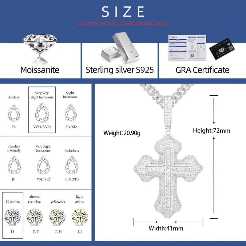 Moissanite Cross Pendant – D VVS Full Iced Out Design | 925 Sterling Silver Hip Hop Jewelry for Men & Women