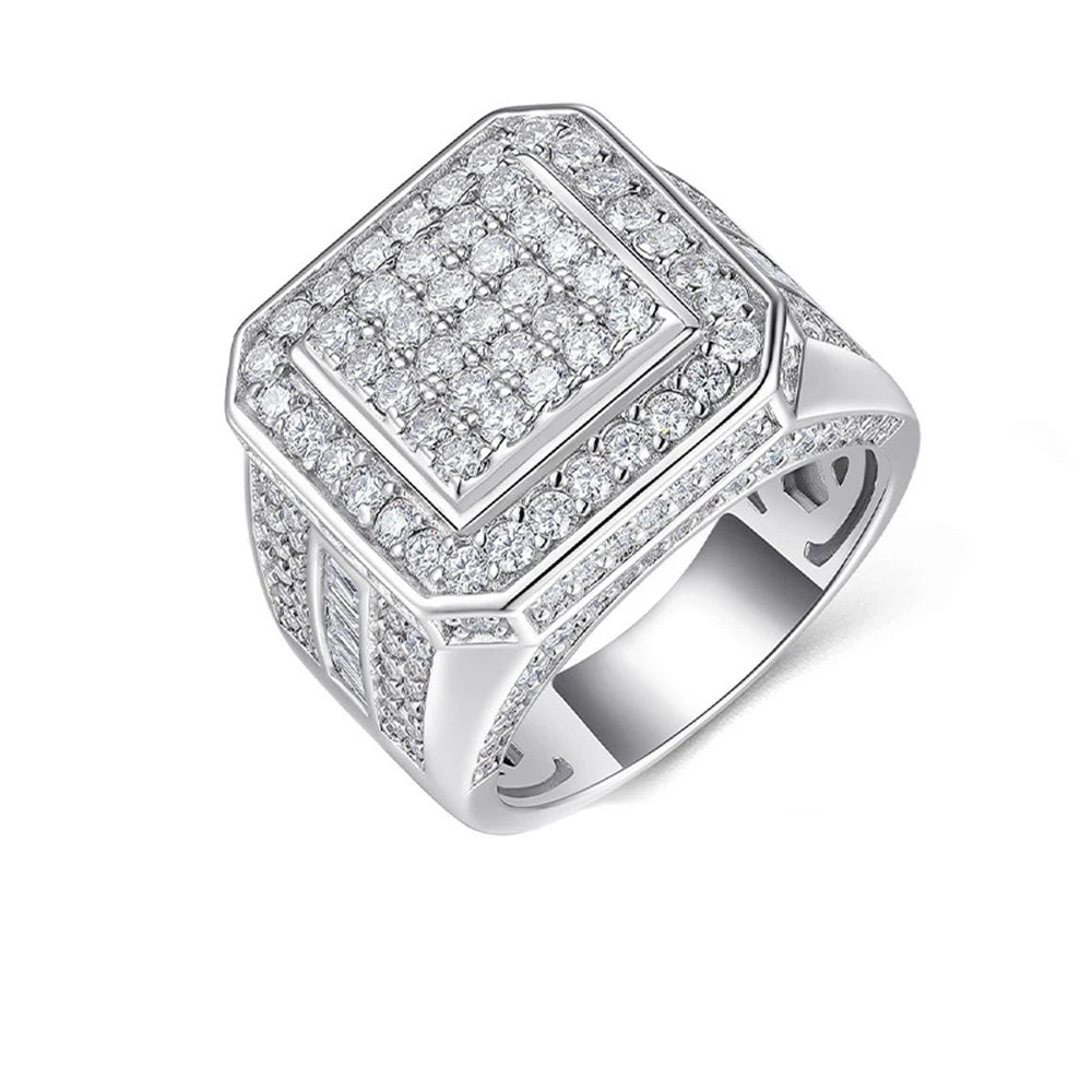 Moissanite Men's Ring – Square & Round Brilliant Cut Hip Hop Design | 925 Sterling Silver VVS Statement Jewelry