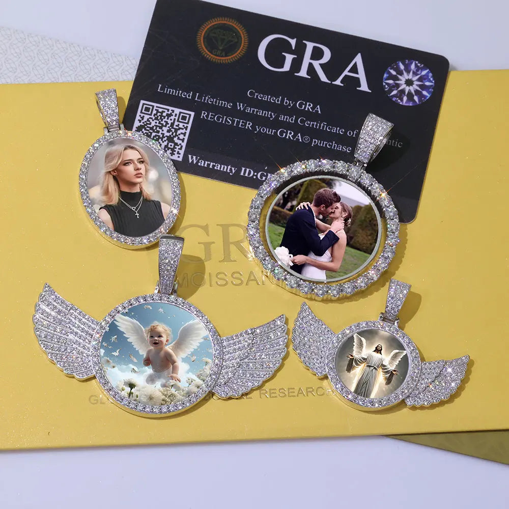 Moissanite Angel Wings Memory Locket Pendant – Iced Out Custom Photo Charm | 925 Sterling Silver Trendy Jewelry for Women