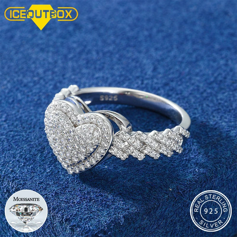 Moissanite Cuban Ring – Full Diamond Heart Design GRA Certified | 925 Sterling Silver Hip Hop Band Ring Jewelry for Men & Women
