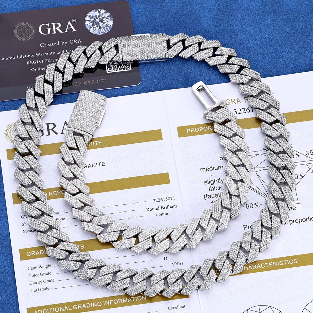 Moissanite Cuban Chain Necklace & Bracelet – 15mm 4 Rows Round Cut VVS Diamond with GRA Certificate | 925 Sterling Silver Jewelry Gift
