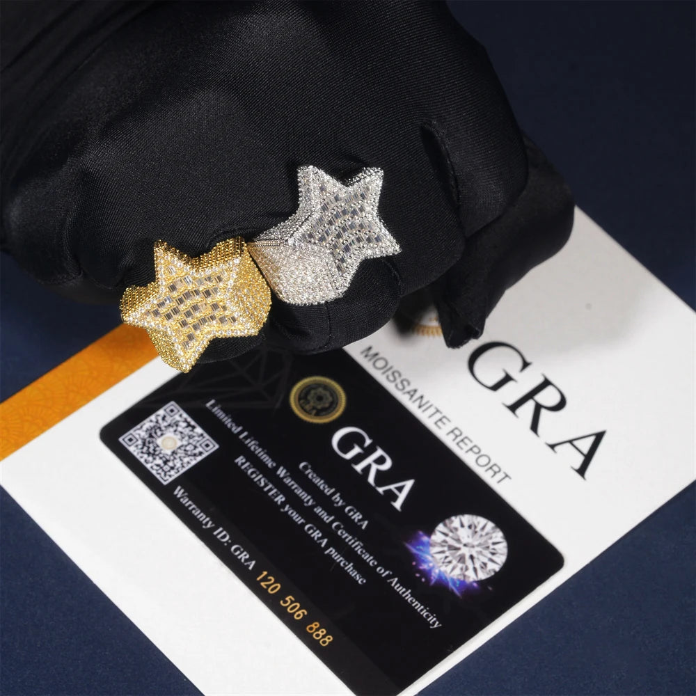 Moissanite Star Ring – D Color with GRA Certificate | 925 Sterling Silver Hip Hop Jewelry