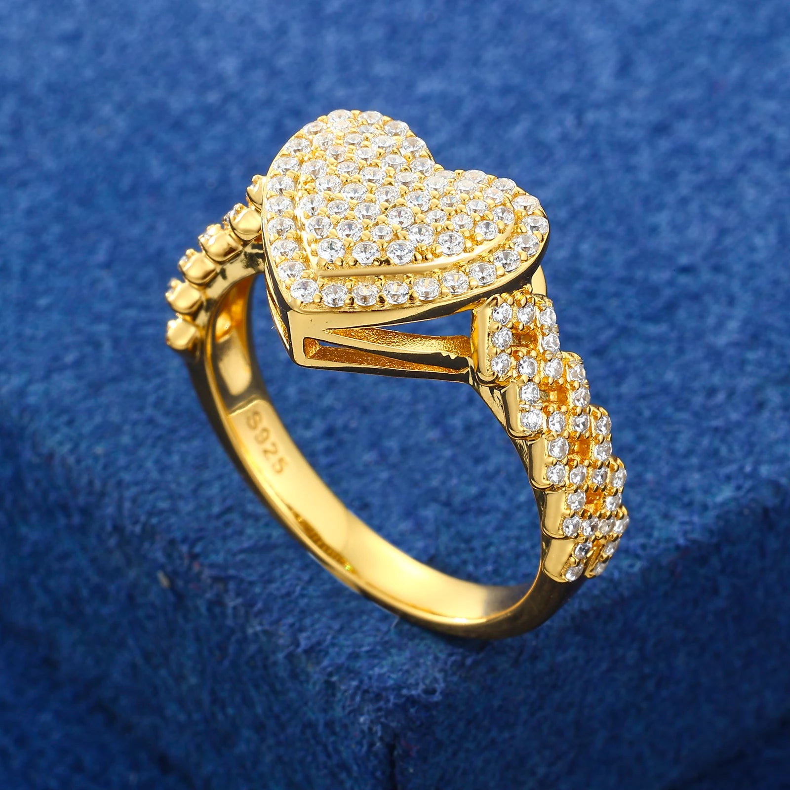 Moissanite Cuban Ring – Full Diamond Heart Design GRA Certified | 925 Sterling Silver Hip Hop Band Ring Jewelry for Men & Women