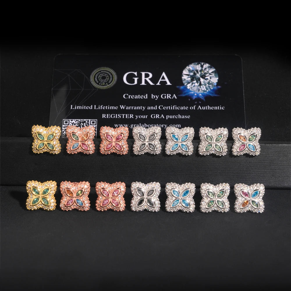Flower Design Moissanite Stud Earrings – New Arrivals | Colorful Diamond Iced Out Hip Hop Jewelry 925 Sterling Silver