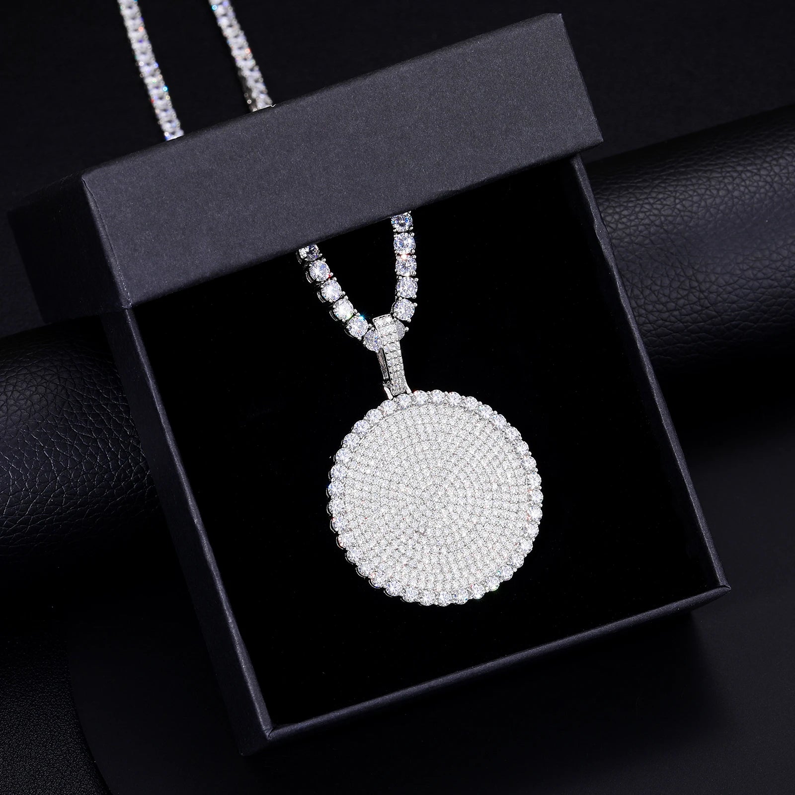 Moissanite Round Pendant Necklace – 20mm 30mm 40mm D VVS | 925 Sterling Silver Iced Out Pass Diamond Test Jewelry for Men & Women