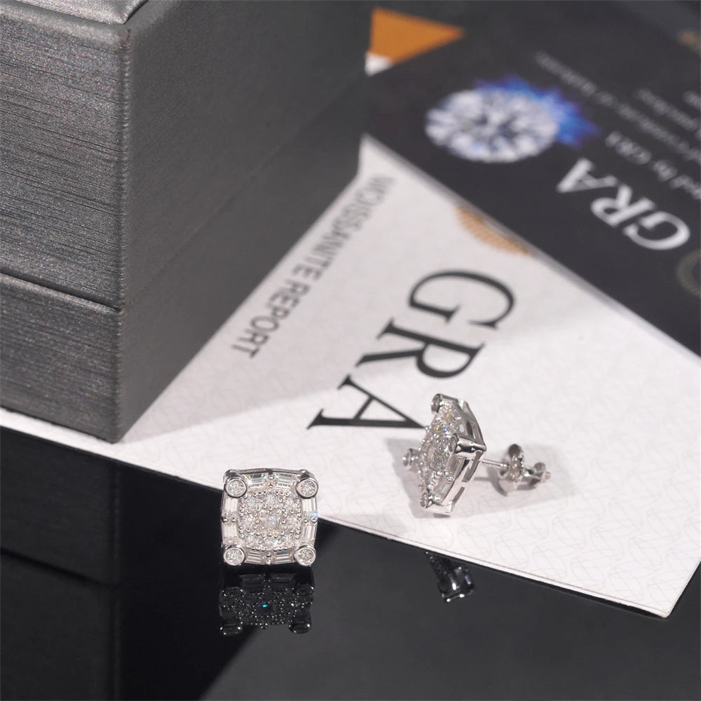 Moissanite Stud Earrings – 10mm Square D Color with Certificate | S925 Sterling Silver Fine Jewelry Gifts