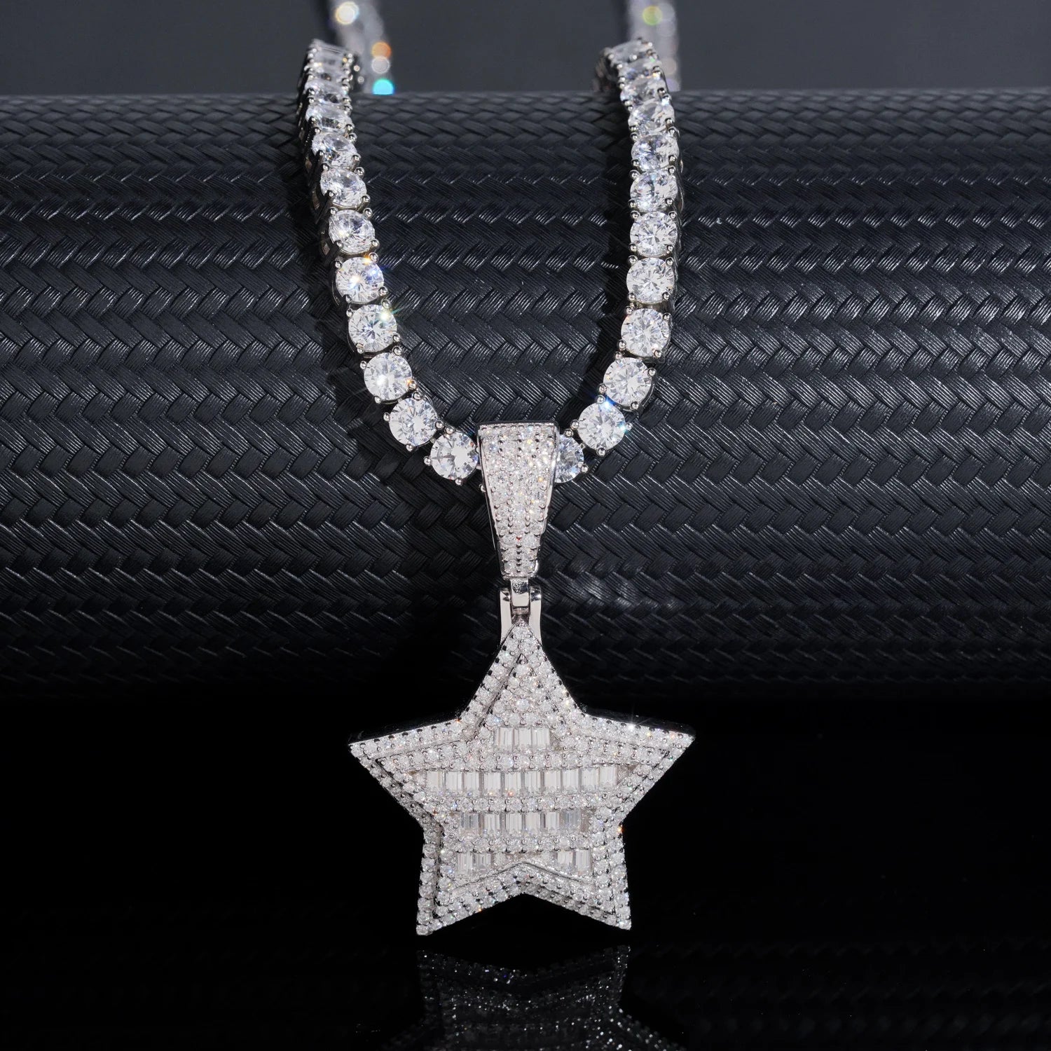 Moissanite Star Pendant – Rectangular Hip Hop Design | S925 Sterling Silver with Certificate Fits 3mm Tennis Chain