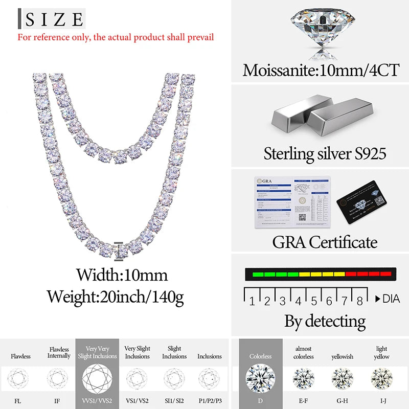 Moissanite Tennis Chain Necklace – 10mm VVS Iced Out | Luxury Hip Hop Jewelry for Men & Women