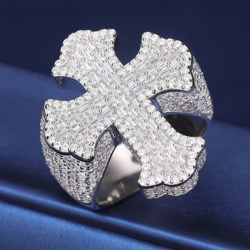 Moissanite Cross Ring – Baguette Iced Out | S925 Sterling Silver Luxury Hip Hop Jewelry for Men & Women