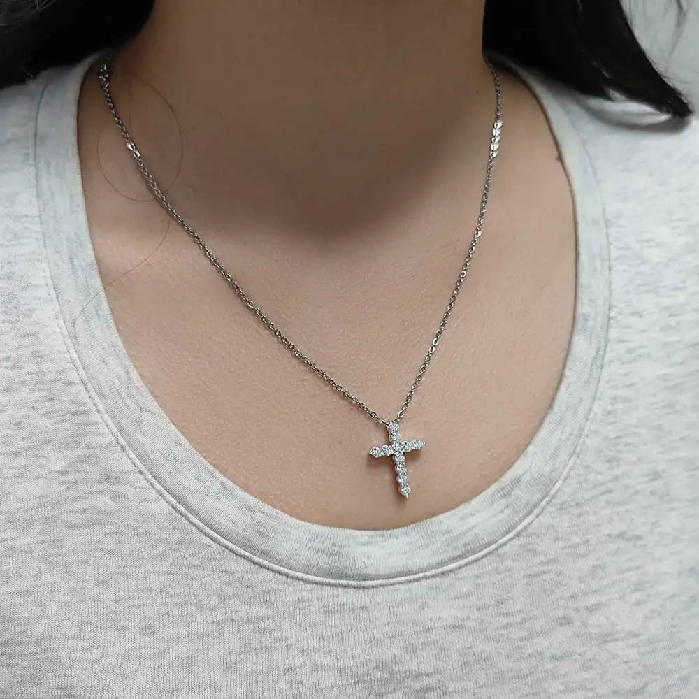 Moissanite Cross Pendant Necklace – Iced Out Jesus Christian Religious Jewelry | 925 Sterling Silver White Gold Plated Gift for Women