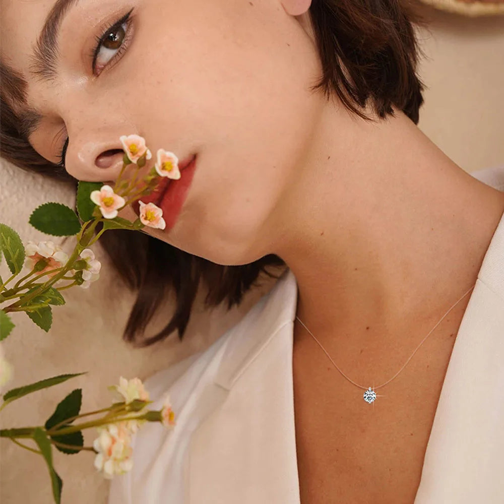 Moissanite Necklace for Women – 0.5ct 1ct 2ct 3ct Certified Brilliant Cut Pendant | Sparkling Fishing Line Design Pure 925 Sterling Silver