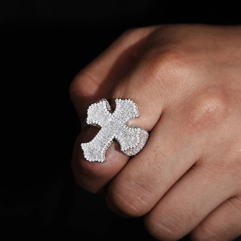 Moissanite Cross Ring – Baguette Iced Out | S925 Sterling Silver Luxury Hip Hop Jewelry for Men & Women