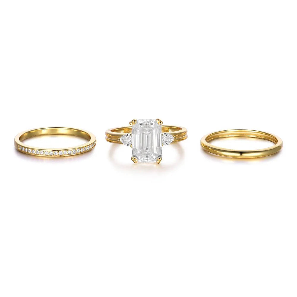 Moissanite Wedding Ring Set – 3.5ct Emerald Cut VVS/CZ Diamond | 925 Sterling Silver 18K Gold Plated Engagement Jewelry with GRA