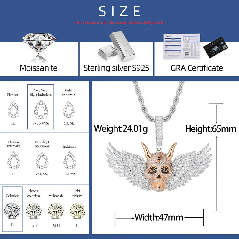 Moissanite Skull Wing Pendant Necklace – Iced Out Bling | 925 Sterling Silver Hip Hop Jewelry for Men & Women