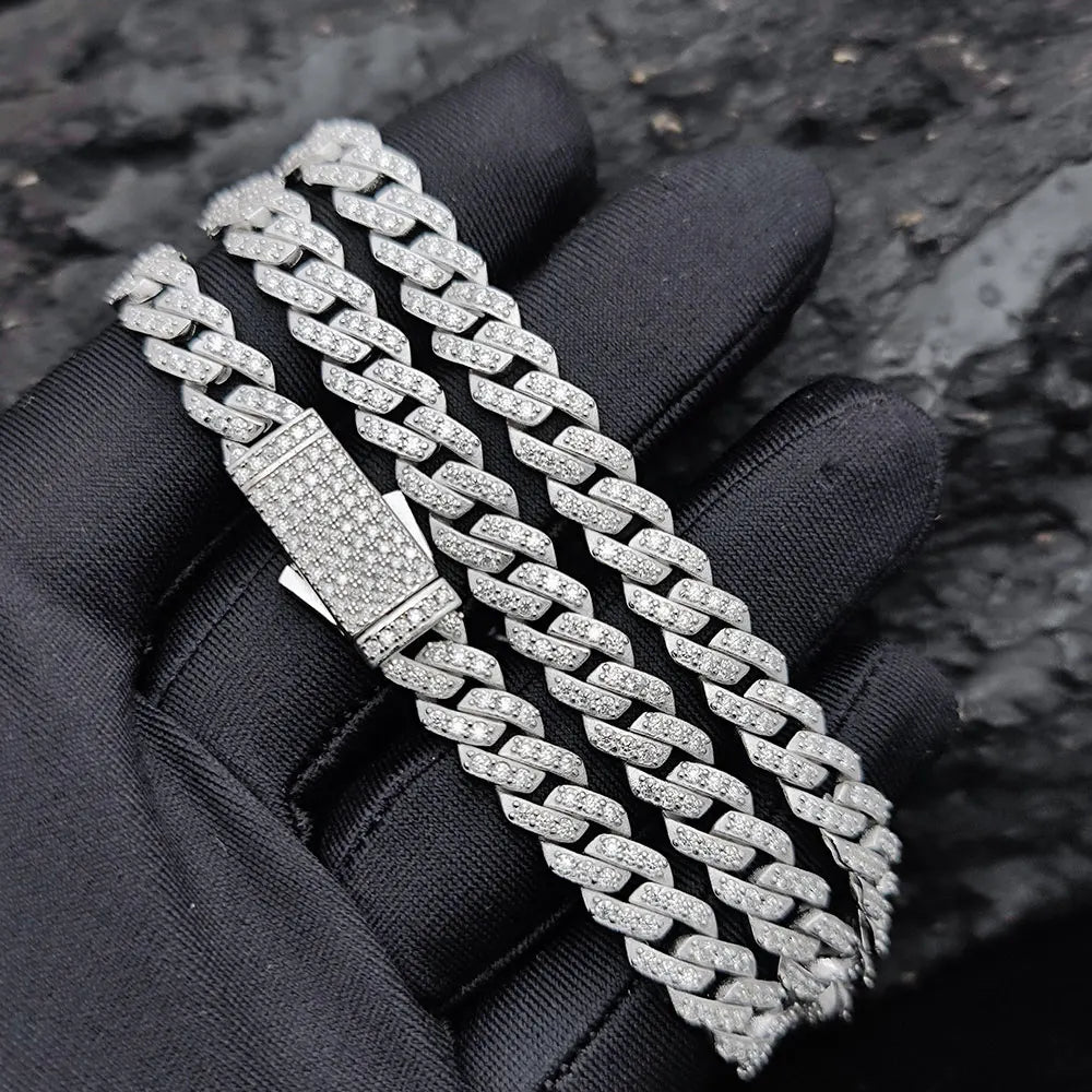 Moissanite Cuban Link Chain Bracelet – 8mm 10mm 15mm 20mm Miami Hip Hop Shiny VVS Stone | 925 Sterling Silver Jewelry for Men