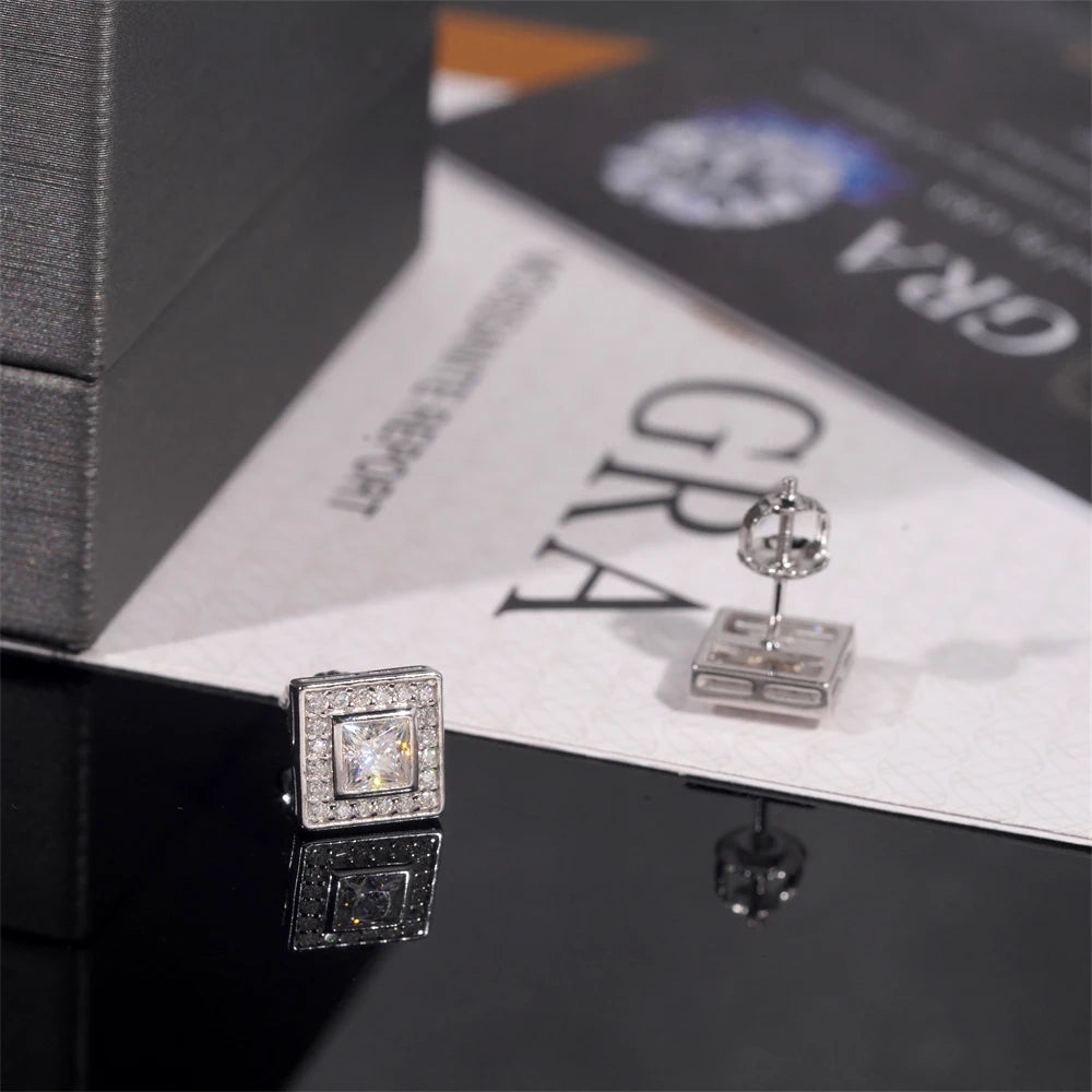 Moissanite Stud Earrings – Square D Color with Certificate | S925 Sterling Silver Fine Jewelry Gifts