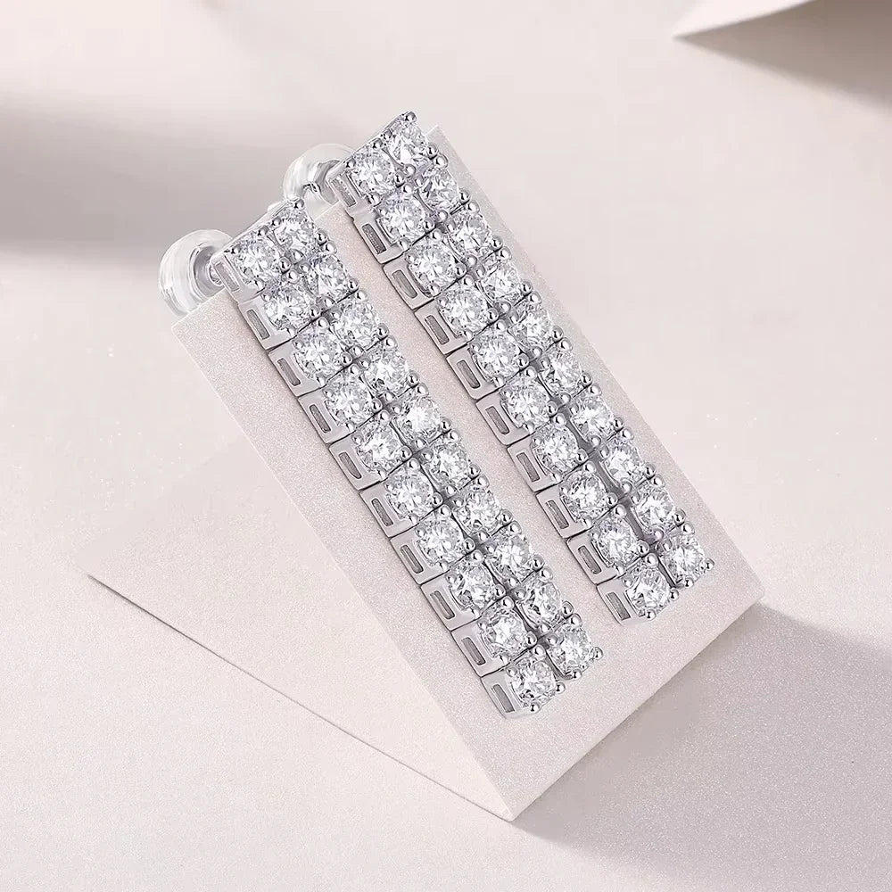 Moissanite Drop Earrings – 4CTW 3mm Double Row Long Tassel Dangle Earrings | 925 Sterling Silver Jewelry for Women