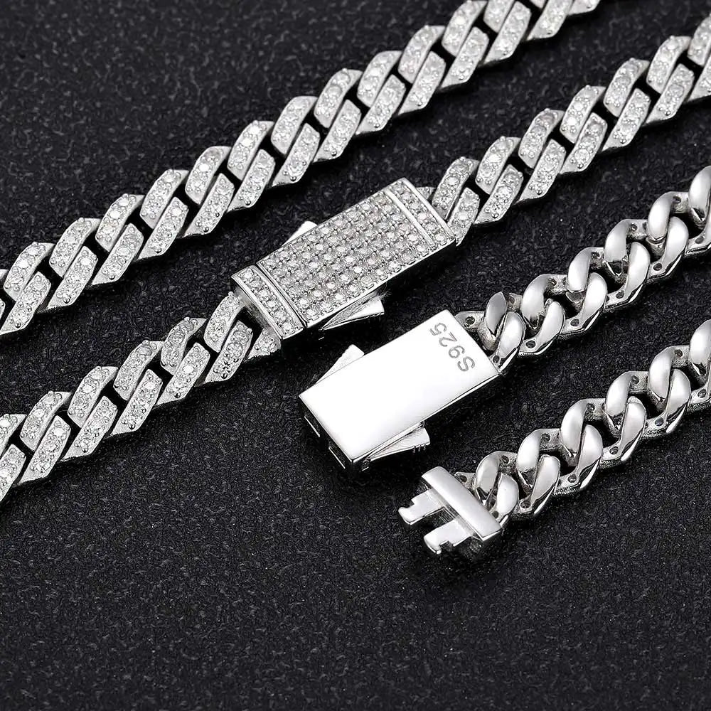 Moissanite Cuban Link Chain Bracelet – 8mm 10mm 15mm 20mm Miami Hip Hop Shiny VVS Stone | 925 Sterling Silver Jewelry for Men