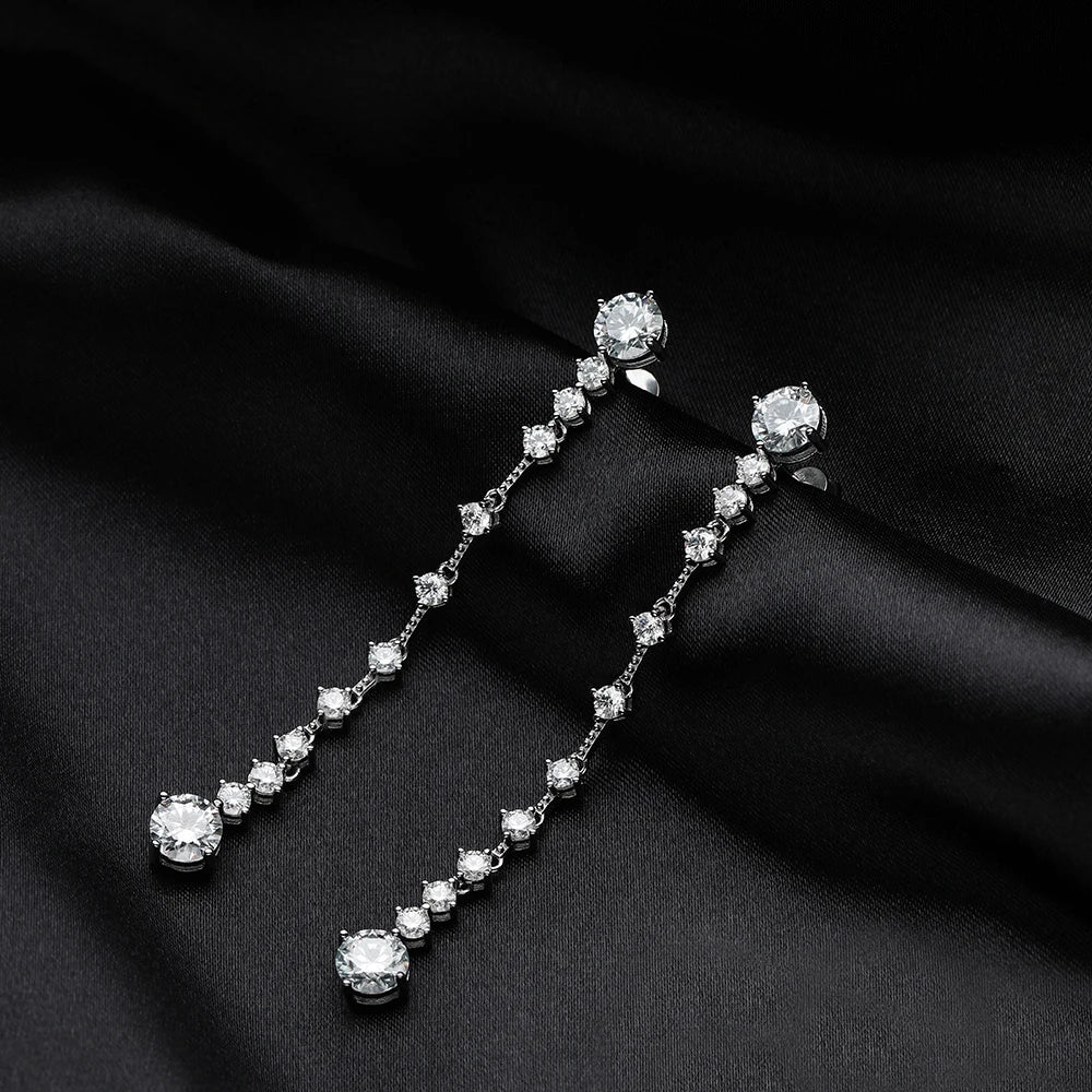 Moissanite Drop Earrings – 6cttw Long Dangle Design with GRA | 925 Sterling Silver Lab Diamond Bridal Wedding Jewelry for Women