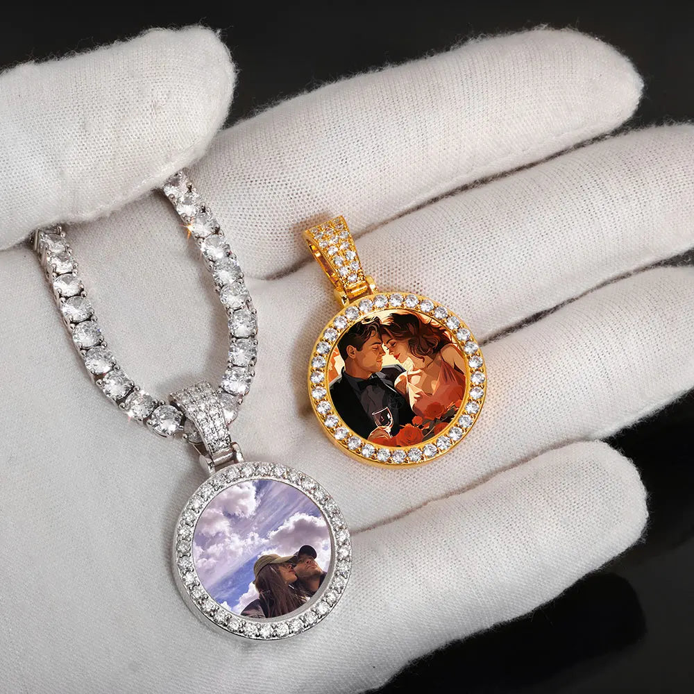 Moissanite Custom Photo Pendant Necklace – Circle Memory Medallion | 925 Sterling Silver Personalized Picture Chain for Men