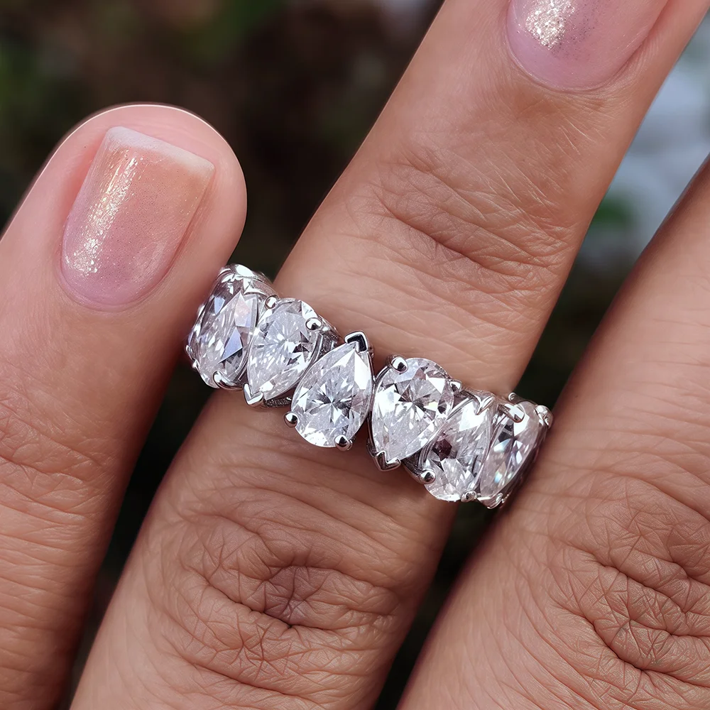 Moissanite Eternity Band Ring – Pear Cut Full Diamond Certified Wedding Ring | 925 Sterling Silver Stackable Jewelry for Women & Men