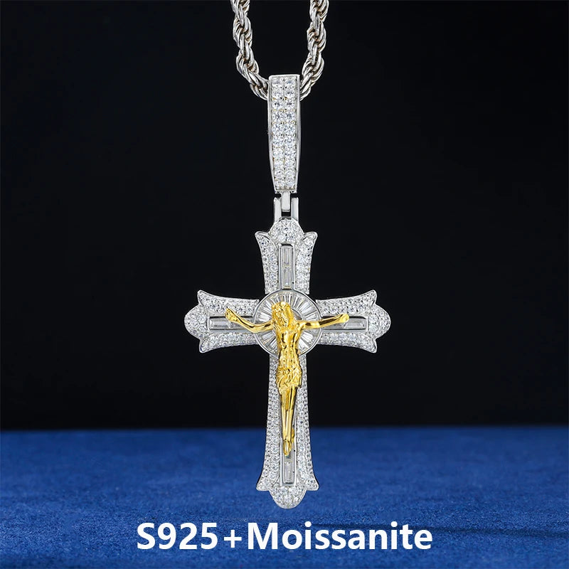 Moissanite Cross Pendant – D VVS Jesus Crucifix | 18K Gold Plated 925 Silver Religious Jewelry for Men & Women