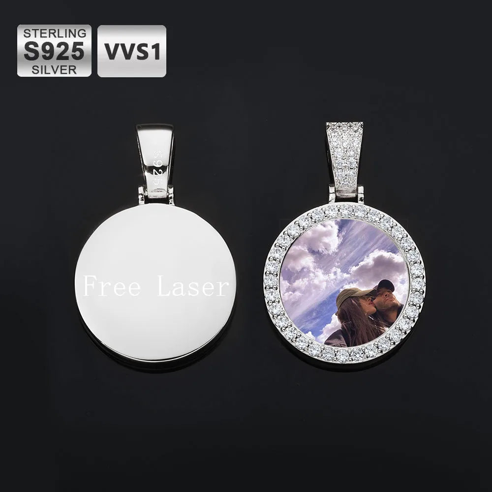 Moissanite Custom Photo Pendant Necklace – Circle Memory Medallion | 925 Sterling Silver Personalized Picture Chain for Men