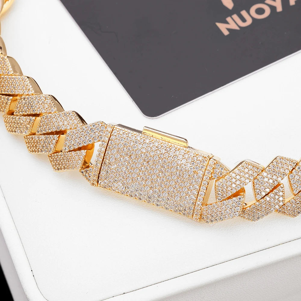 Moissanite Cuban Chain Necklace & Bracelet – 15mm 4 Rows Round Cut VVS Diamond with GRA Certificate | 925 Sterling Silver Jewelry Gift