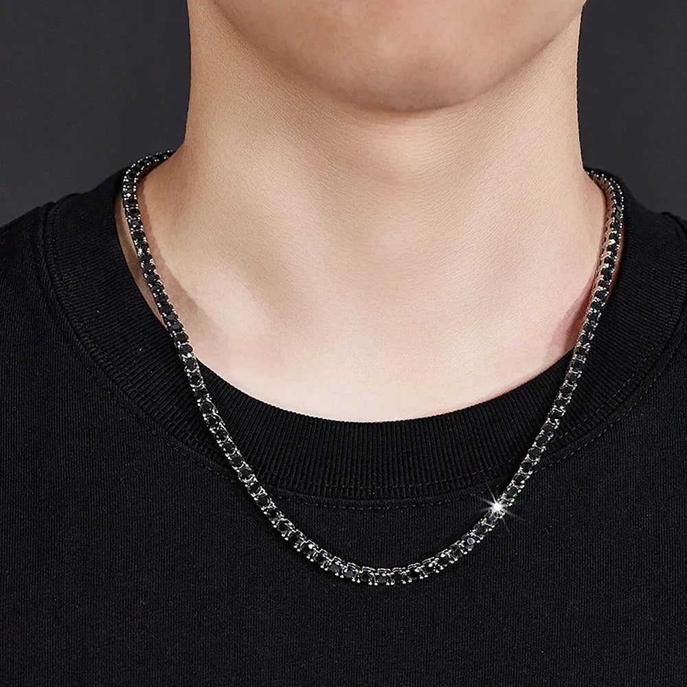 Black Moissanite Tennis Necklace – 3mm–6.5mm with Certificates | 925 Sterling Silver Lab Diamond Hip Hop Chain for Men & Women