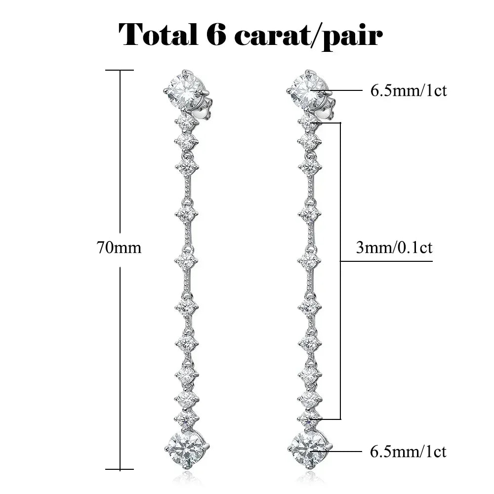 Moissanite Drop Earrings – 6cttw Long Dangle Design with GRA | 925 Sterling Silver Lab Diamond Bridal Wedding Jewelry for Women