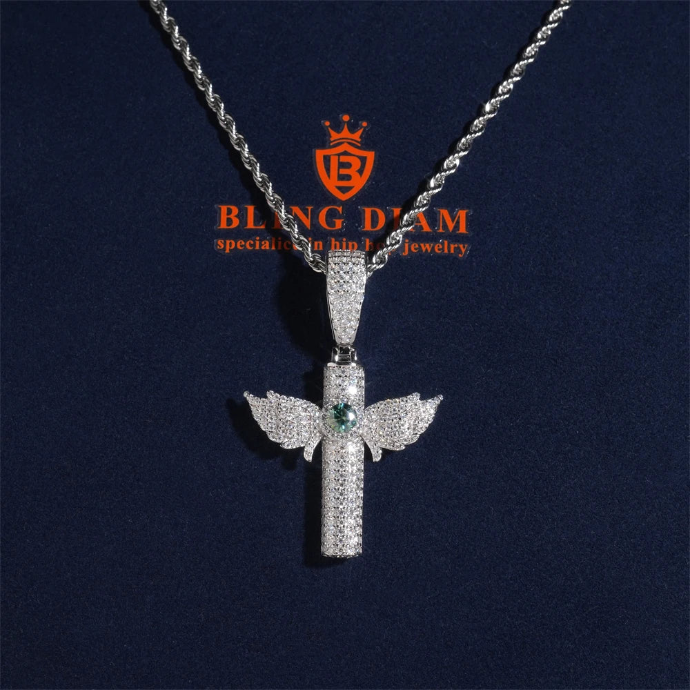 Moissanite Cross Pendant – Colorful VVS1 Diamond with GRA Certification | 925 Sterling Silver Fits 8mm Tennis Chain