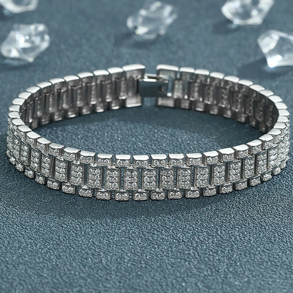 Moissanite Watch Chain Bracelet – 1.2mm Certified Full Diamond Bangle with GRA | 925 Sterling Silver Fine Jewelry for Women & Men