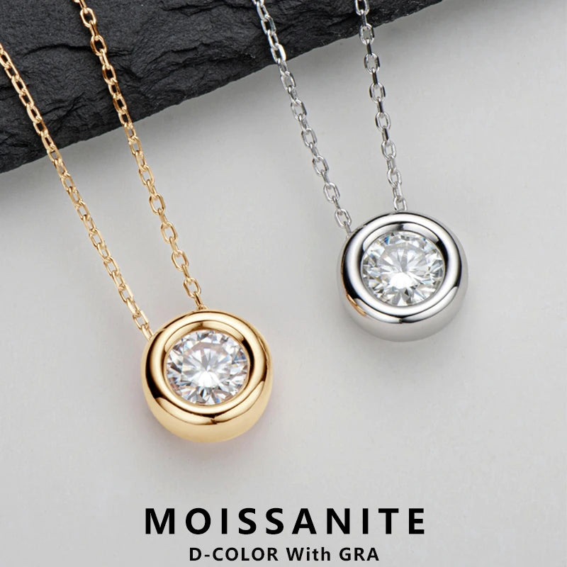 Moissanite Pendant Necklace – 6.5mm Round Bezel Design | 925 Sterling Silver Clavicle Chain Jewelry for Women & Men