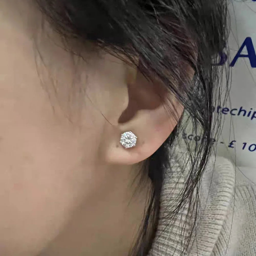 Moissanite Stud Earrings – D VVS1 Round Cut Lab Diamond Screw Back | 925 Sterling Silver Jewelry for Women