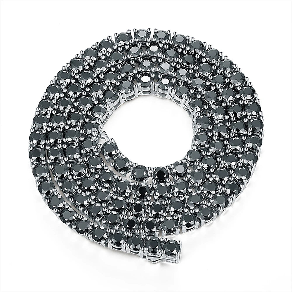 Black Moissanite Tennis Necklace – 3mm–6.5mm with Certificates | 925 Sterling Silver Lab Diamond Hip Hop Chain for Men & Women
