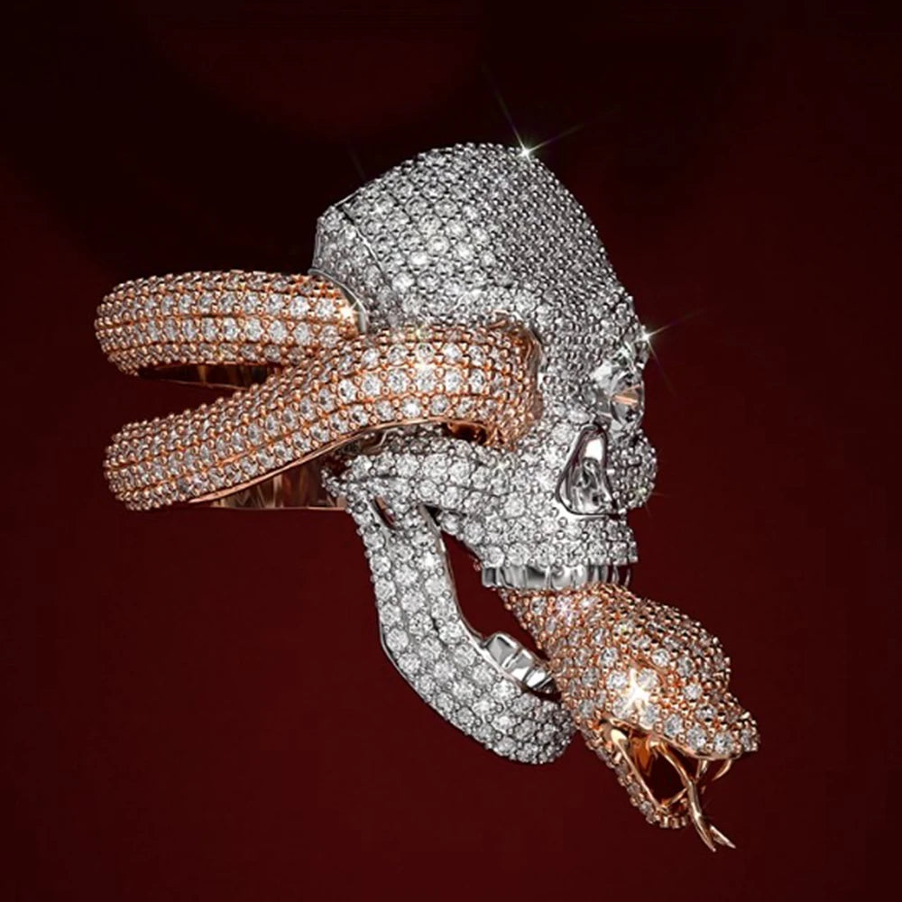 Moissanite Skull Snake Ring – Iced Out Design | S925 Sterling Silver Luxury Hip Hop Jewelry for Men & Women