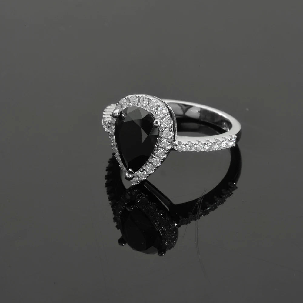 Moissanite Engagement Ring – 2.0ct Pear Shaped Black VVS Diamond Wedding Ring | 925 Sterling Silver Jewelry for Women