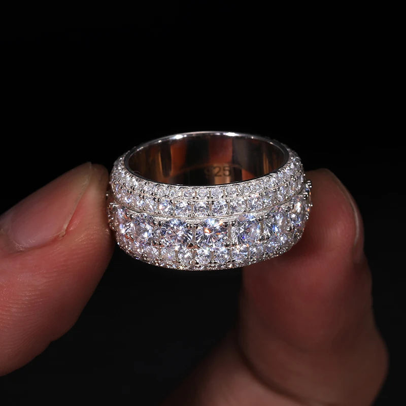 Moissanite Ring – VVS1 11mm 3-Row Pave | S925 Sterling Silver Hip Hop Jewelry