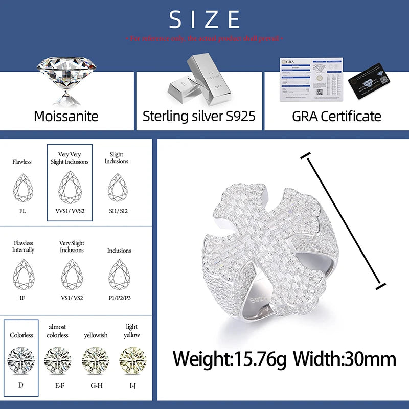 Moissanite Cross Ring – Baguette Iced Out | S925 Sterling Silver Luxury Hip Hop Jewelry for Men & Women