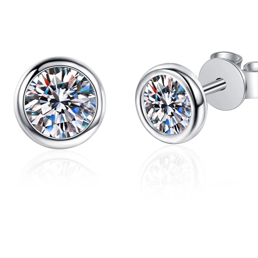 Moissanite Stud Earrings – 0.3ct 0.5ct 1ct Round Cut Bezel Design | 925 Sterling Silver Jewelry for Women
