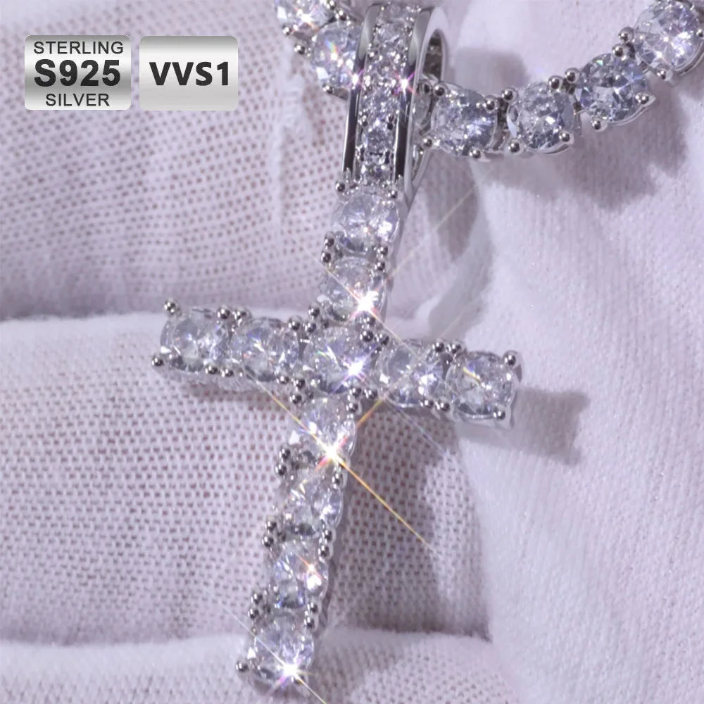 Moissanite Cross Pendant Necklace – Hip Hop VVS Diamond Charm | 925 Sterling Silver No-Fade Fine Jewelry for Men