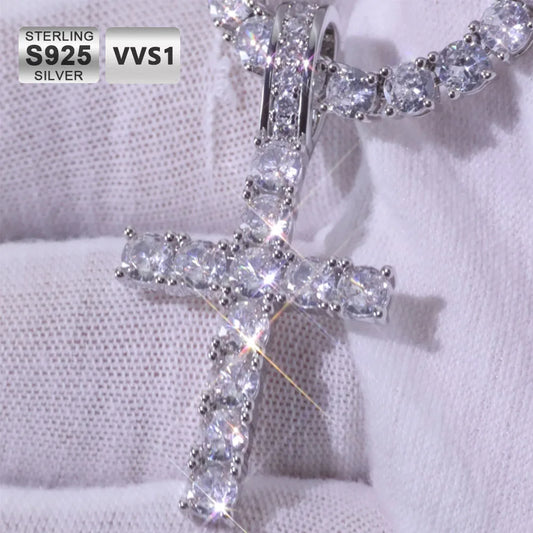 Tennis cross moissanite pendant