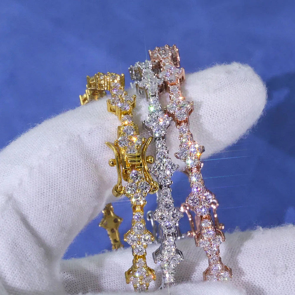 Moissanite Tennis Bracelet – Claw Setting D VVS Lab Diamond Cross Cluster Design | 925 Sterling Silver Hip Hop Jewelry