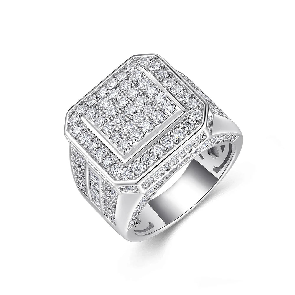 Moissanite Men's Ring – Square & Round Brilliant Cut Hip Hop Design | 925 Sterling Silver VVS Statement Jewelry