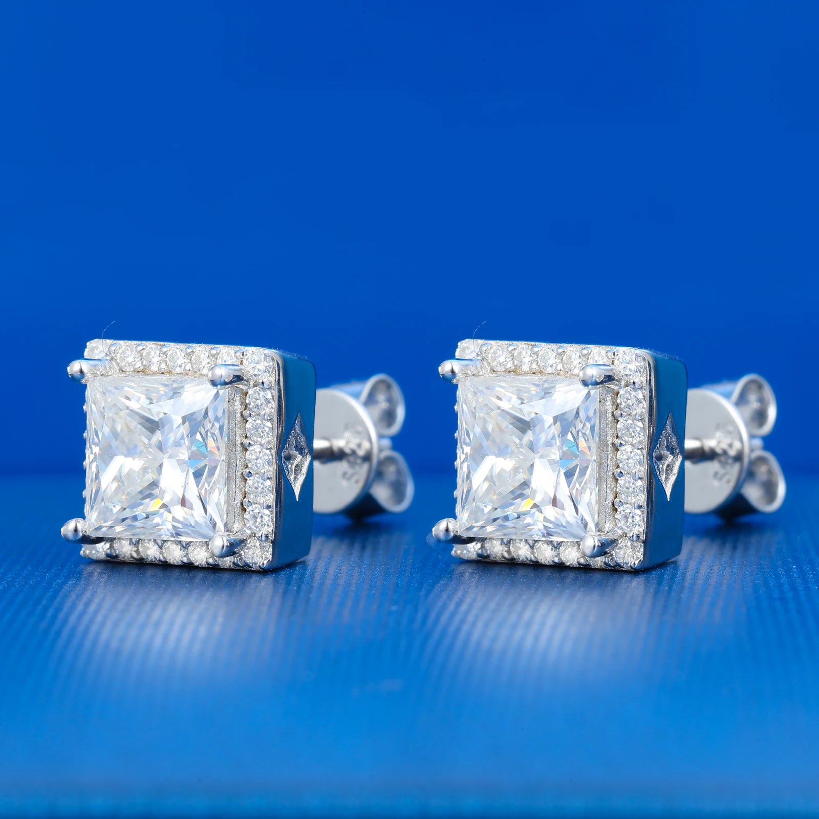 Moissanite Halo Stud Earrings – Princess Cut | 925 Sterling Silver Pass Tester Luxury Jewelry for Men & Women