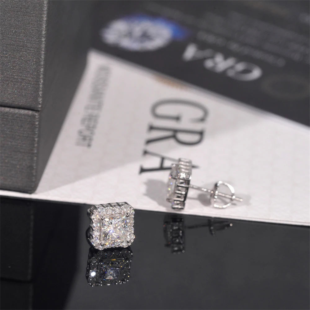 Moissanite Stud Earrings – Princess Cut D Color Main Stone with Certificate | S925 Sterling Silver Fine Jewelry Gifts