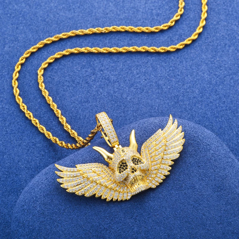 Moissanite Skull Wing Pendant Necklace – Iced Out Bling | 925 Sterling Silver Hip Hop Jewelry for Men & Women