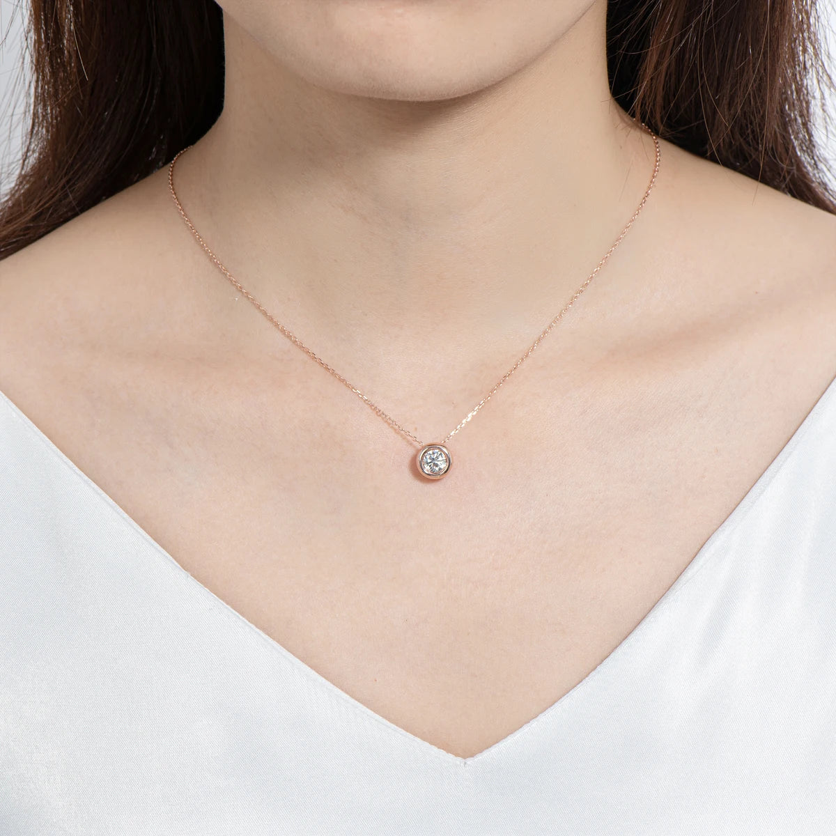 Moissanite Pendant Necklace – 6.5mm Round Bezel Design | 925 Sterling Silver Clavicle Chain Jewelry for Women & Men